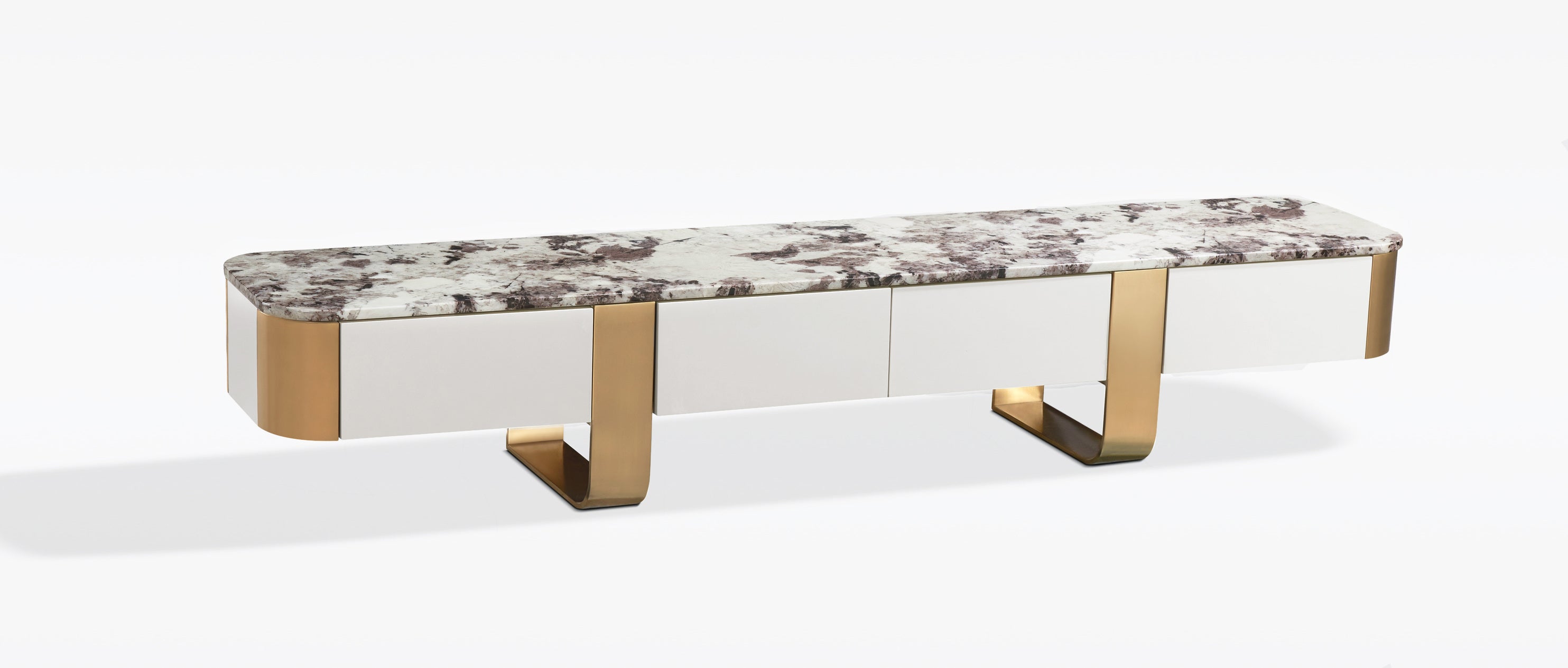 Nowoczesna szafka RTV w kolorze złamanej bieli ze złotymi nogami i marmurowym blatem