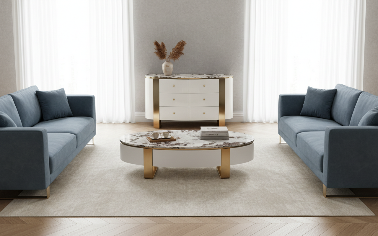 Nowoczesny stolik kawowy biały na złotych nogach z owalnym marmurowym blatem