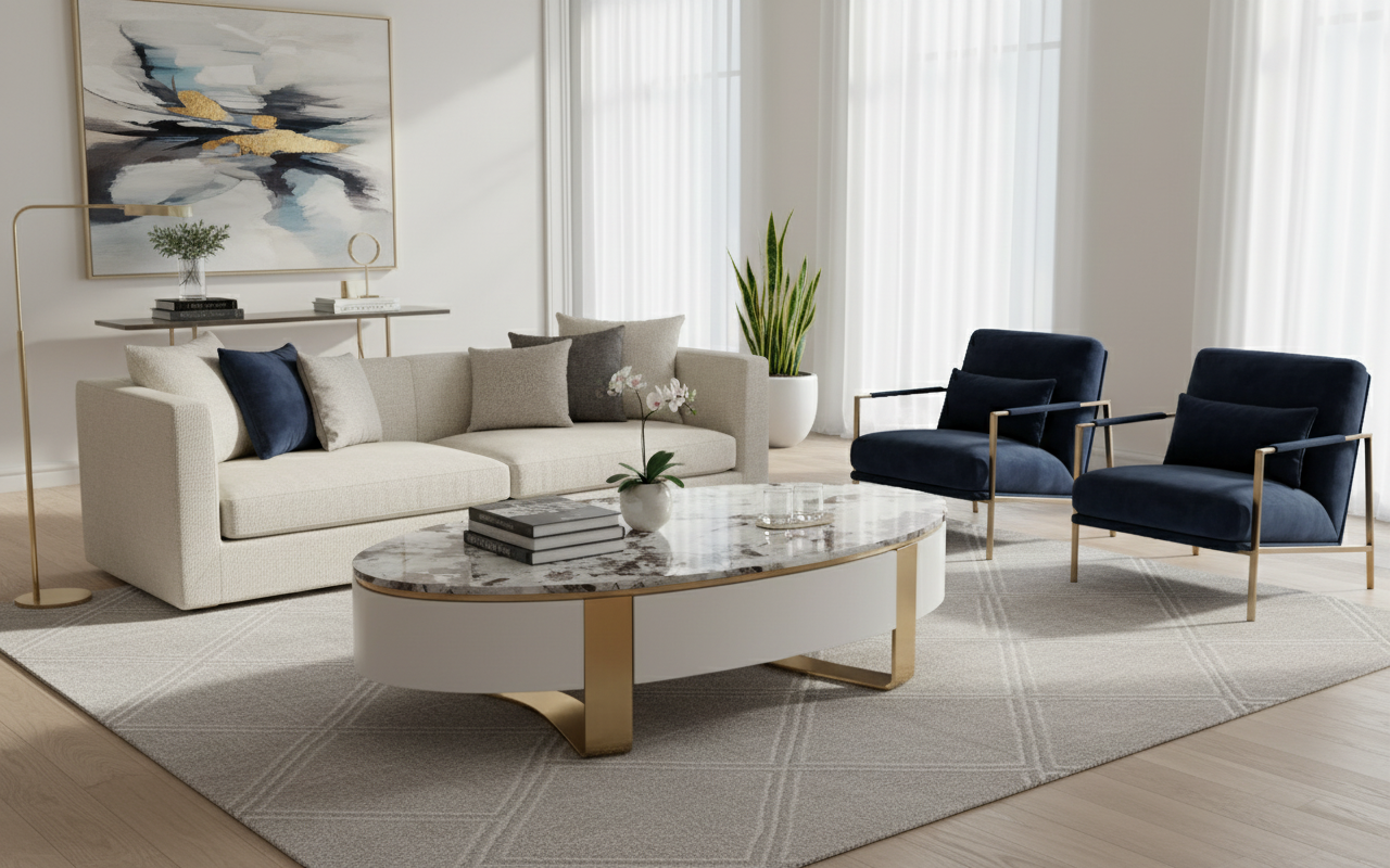 Nowoczesny stolik kawowy biały na złotych nogach z owalnym marmurowym blatem