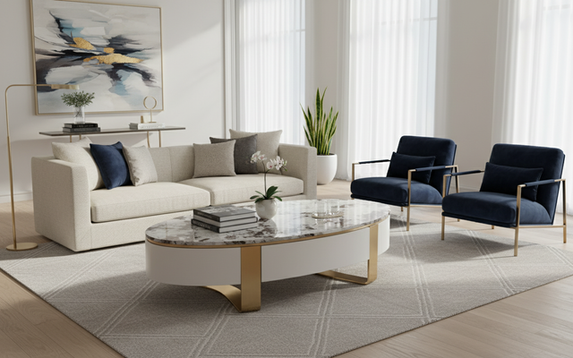 Nowoczesny stolik kawowy biały na złotych nogach z owalnym marmurowym blatem