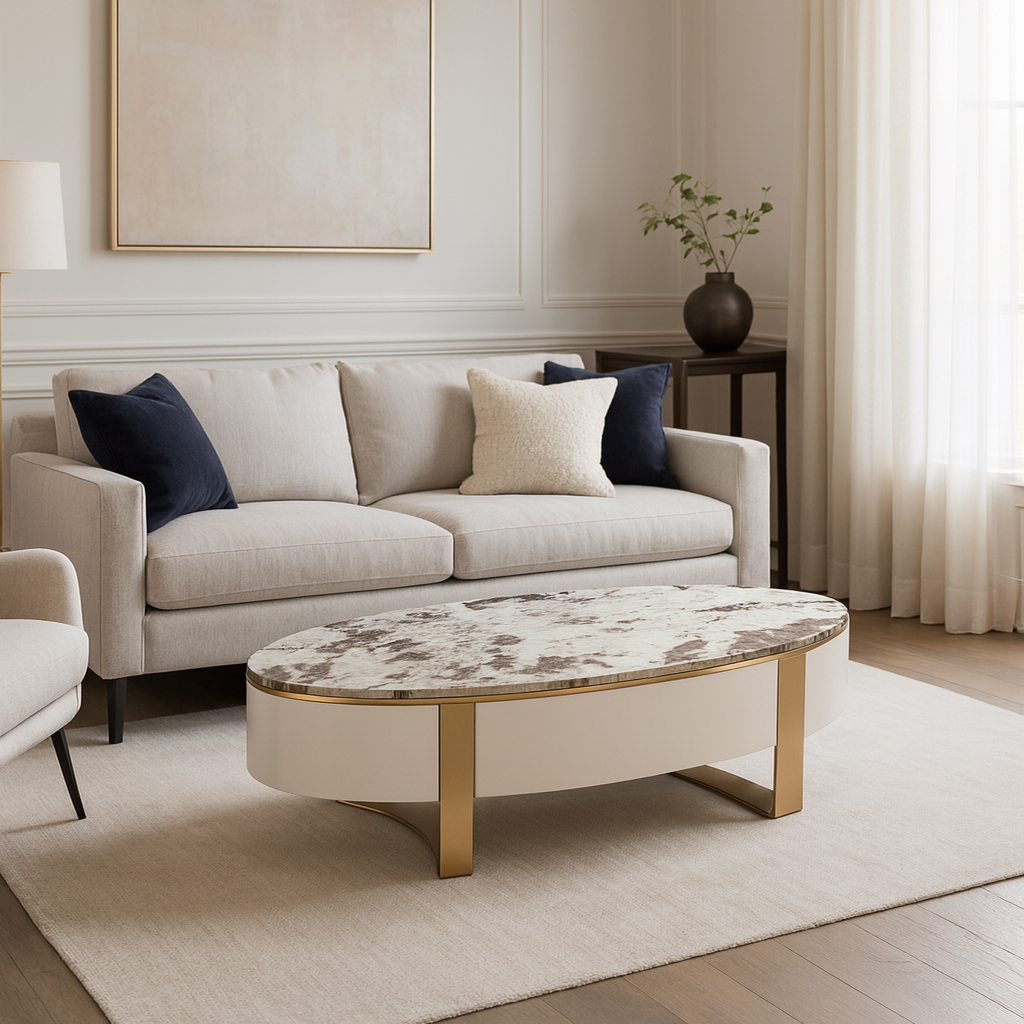 Nowoczesny stolik kawowy biały na złotych nogach z owalnym marmurowym blatem