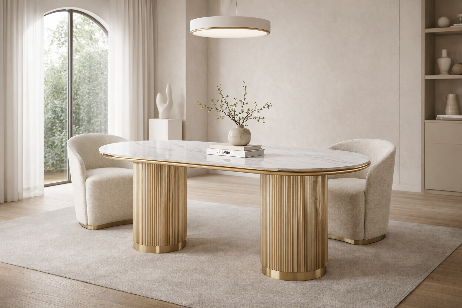 Nowoczesny stół w kolorze złota z białym owalnym blatem syntetycznym, na dwóch ryflowanych cylindrycznych nogach ze złotym wykończeniem.