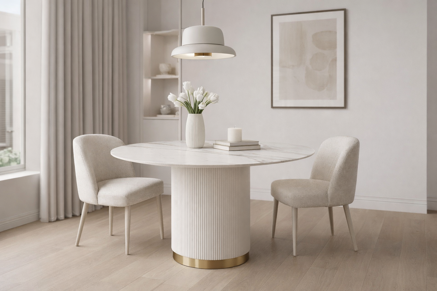 Nowoczesny stół w kolorze bielu / ecru z białym okrągłym blatem syntetycznym, na  ryflowanej podstawie ze złotym wykończeniem