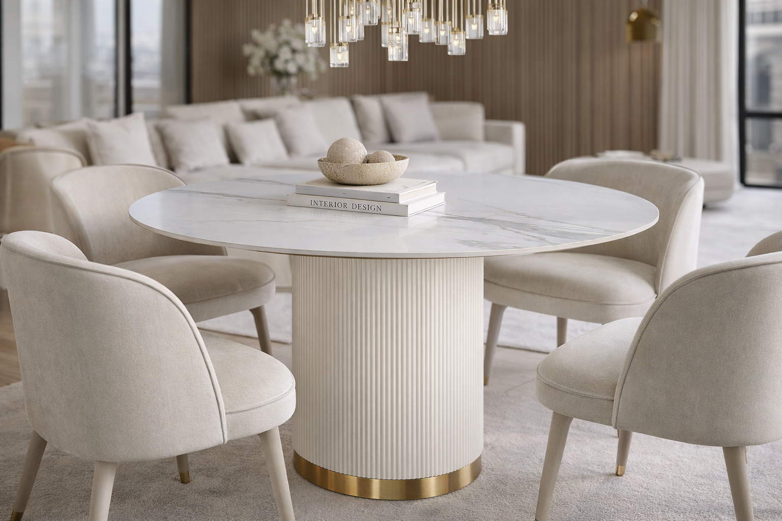 Nowoczesny stół w kolorze bielu / ecru z białym okrągłym blatem syntetycznym, na  ryflowanej podstawie ze złotym wykończeniem