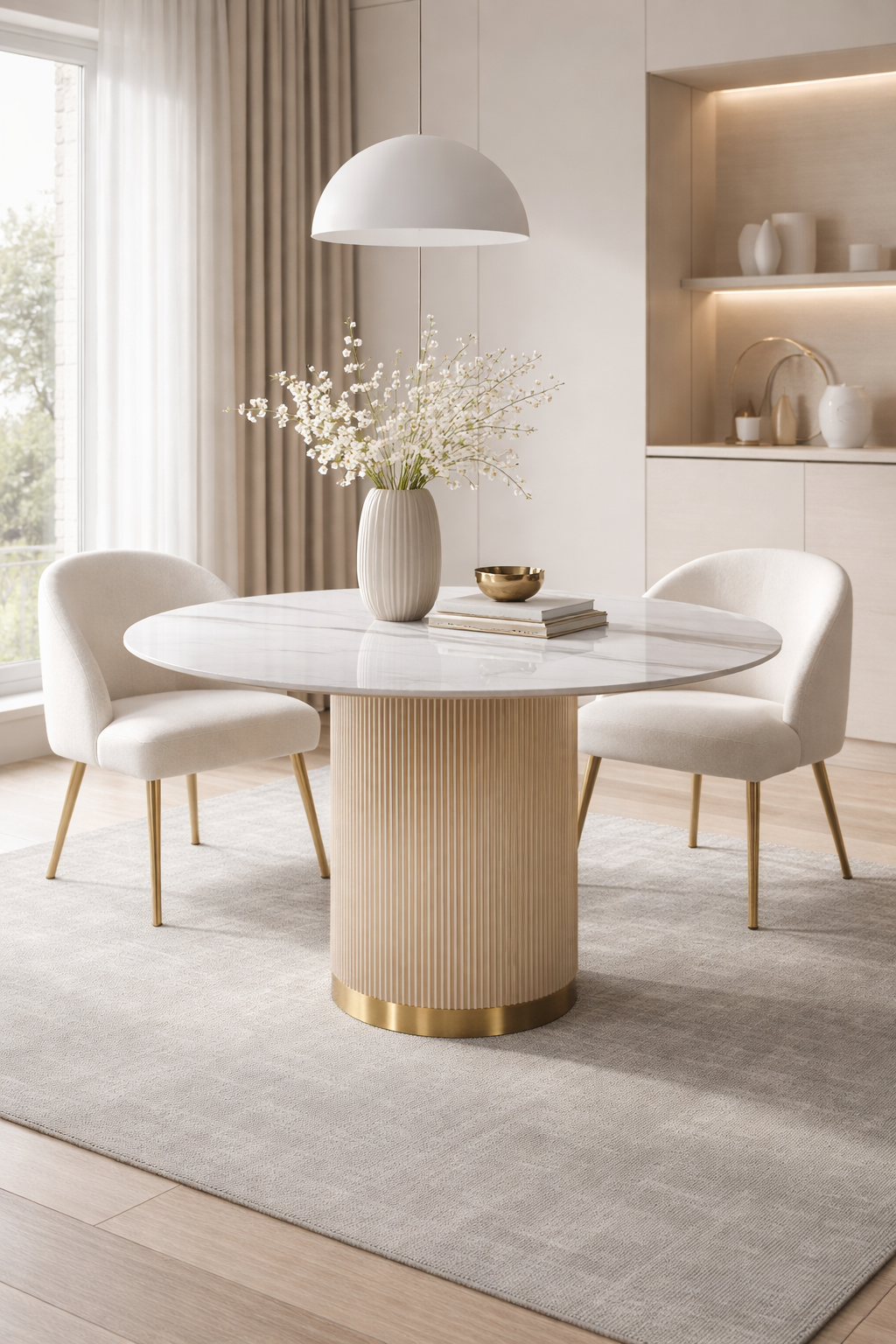 Nowoczesny stół w kolorze złota z białym owalnym blatem syntetycznym, na  ryflowanej podstawie ze złotym wykończeniem.