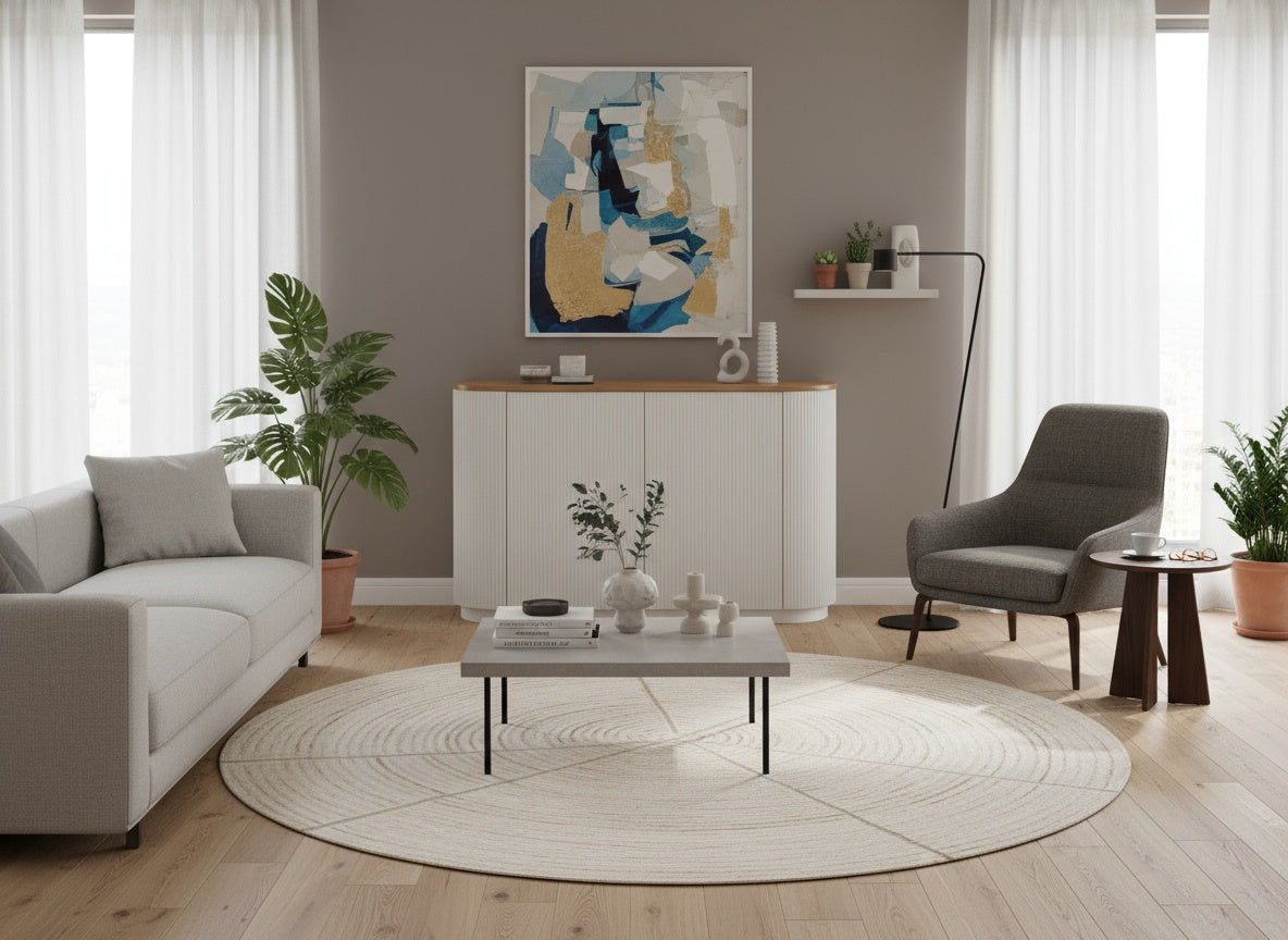 Komoda ecru z ryflowanym korpusem i owalnym blatem z jasnego drewna wiązu, 2-drzwiowa, nowoczesny styl