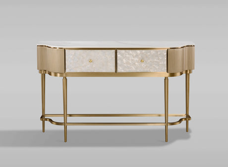 Szampańsko-złota konsola z frontami z naturalnej muszli, białym marmurowym blatem i 2 szufladami soft close.