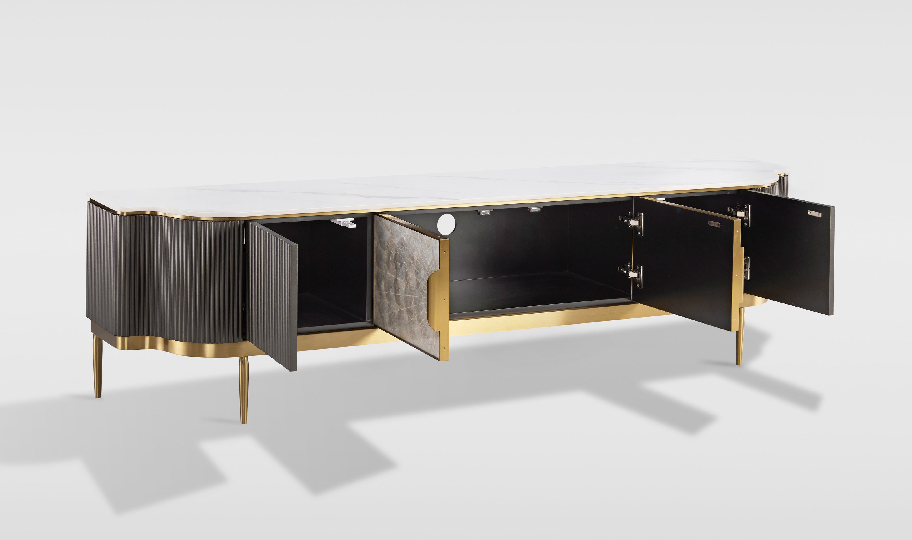 Grafitowa komoda RTV z frontem z naturalnej muszli, białym marmurowym blatem i złotymi nogami, 4-drzwiowa.