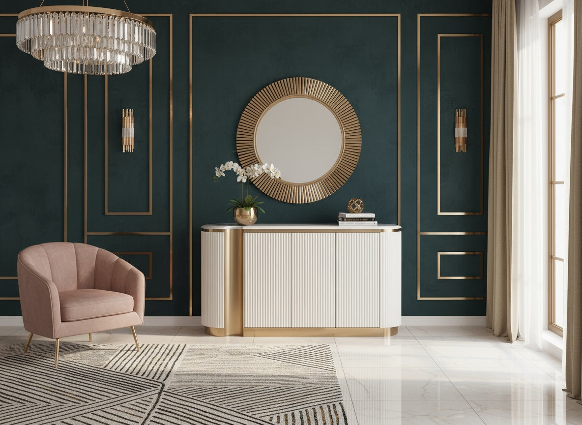 Komoda ecru z ryflowanymi frontami, złotym wieńcem dolnym i białym blatem marmur syntetyczny, 3 drzwi push to open