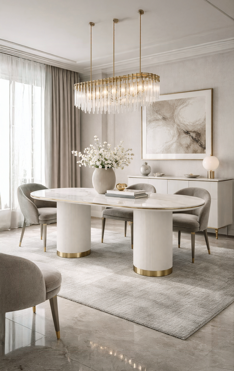 Nowoczesny stół w kolorze białym, owalnym blatem syntetycznym, na dwóch ryflowanych cylindrycznych nogach ze złotym wykończeniem.