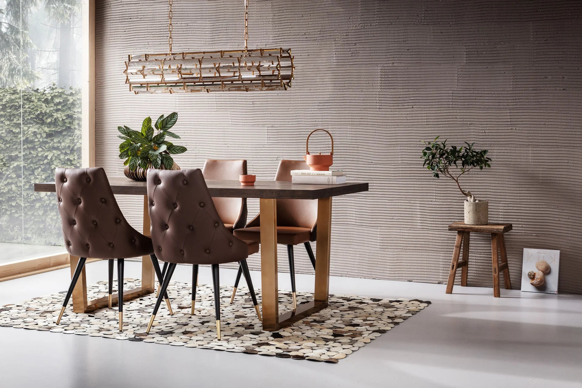 Stół Osaka 180 cm, blat fornirowany optyka jesion, złota stalowa podstawa