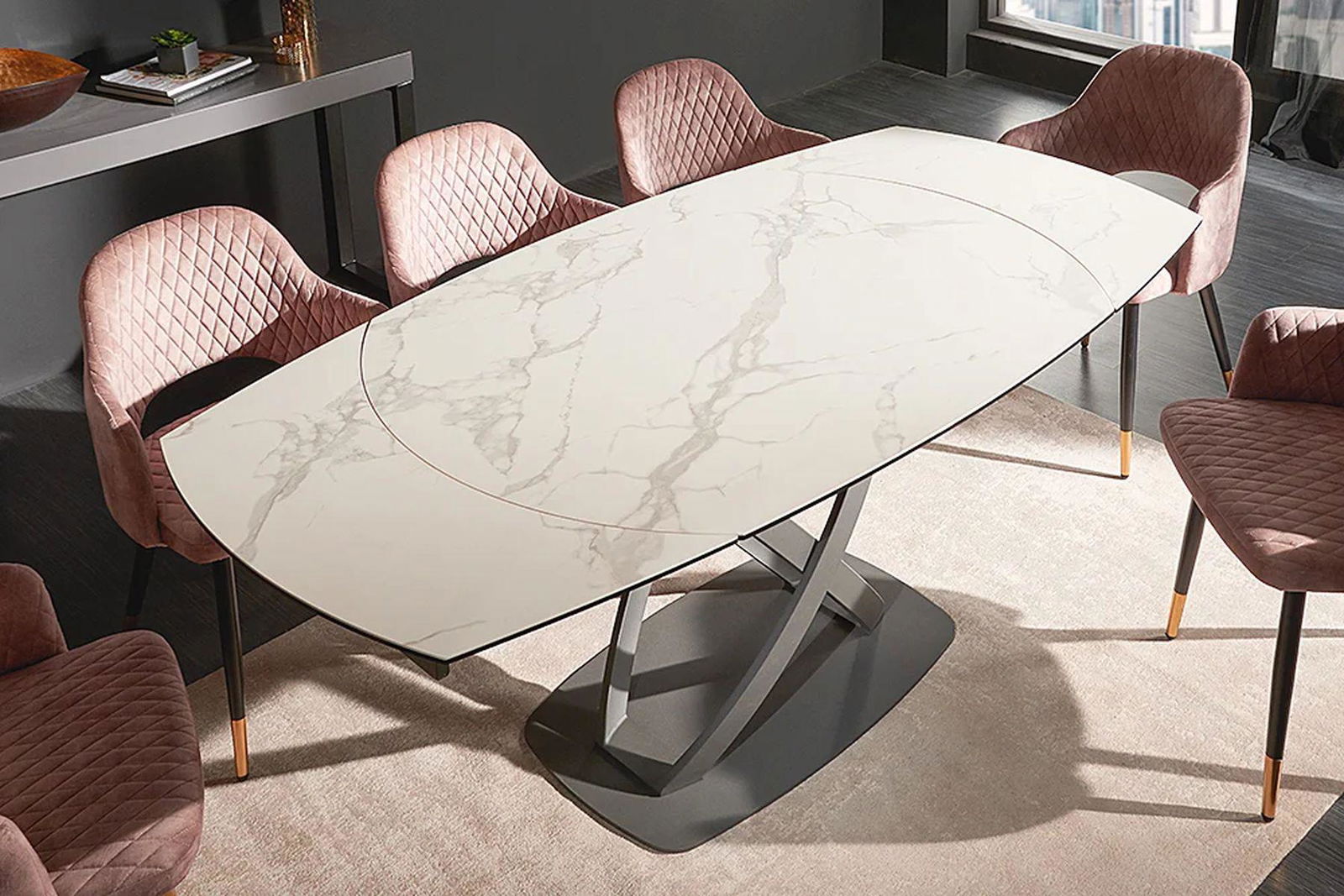 Stół  INCEPTION 130-190 cm rozkładany, obrotowy optyka biały marmur  41450  / INVICTA INTERIOR