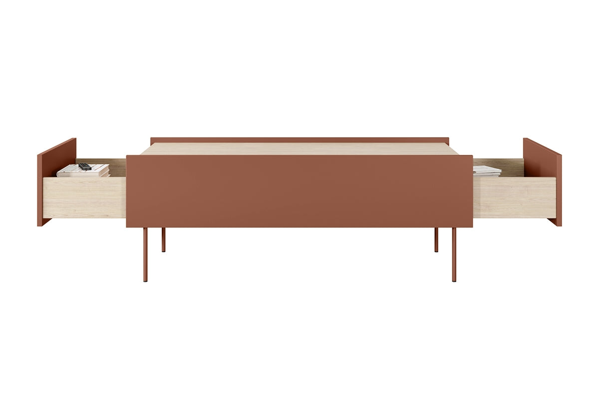 Stolik kawowy Desin z szufladami i metalowymi nogami 120 cm - ceramic red / dąb nagano