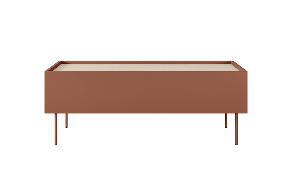 Stolik kawowy Desin z szufladami i metalowymi nogami 120 cm - ceramic red / dąb nagano