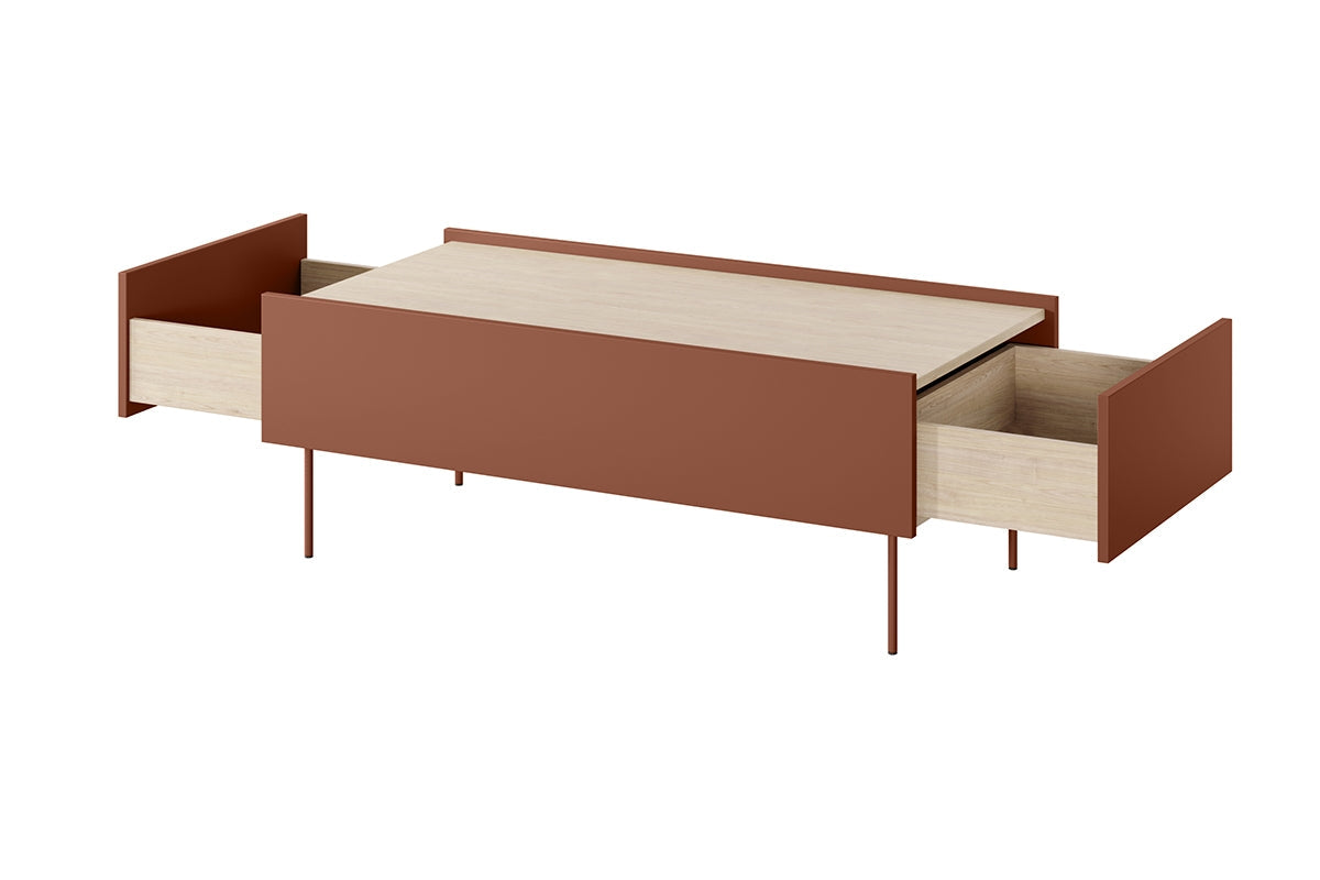 Stolik kawowy Desin z szufladami i metalowymi nogami 120 cm - ceramic red / dąb nagano