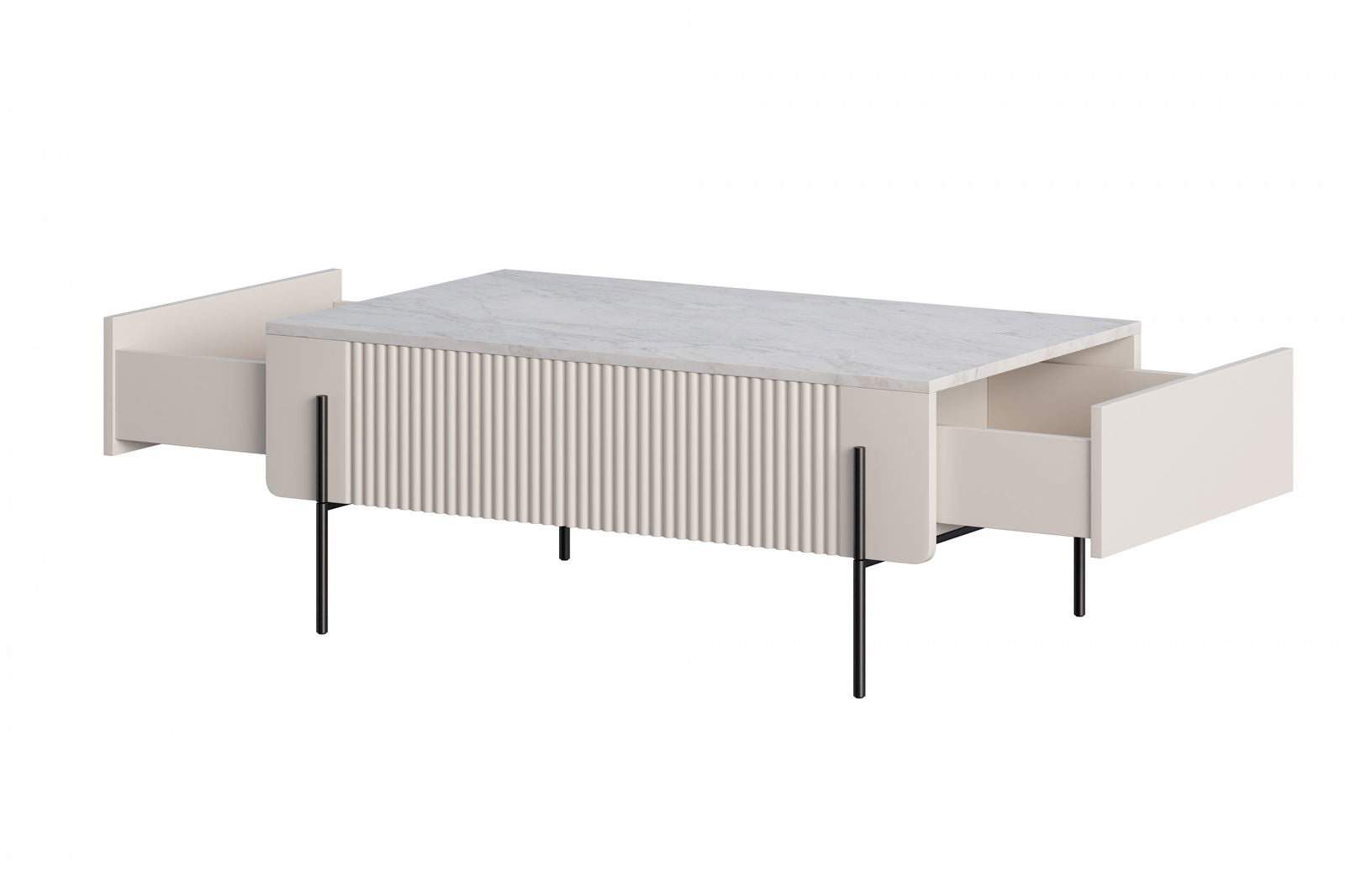 Stolik kawowy Malmi 100 cm z szufladami - kaszmir / crema bianca / czarne nóżki