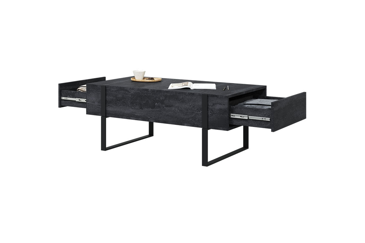 Stolik kawowy Verica z szufladami i metalowymi nogami 120 cm - czarny beton / czarne nóżki