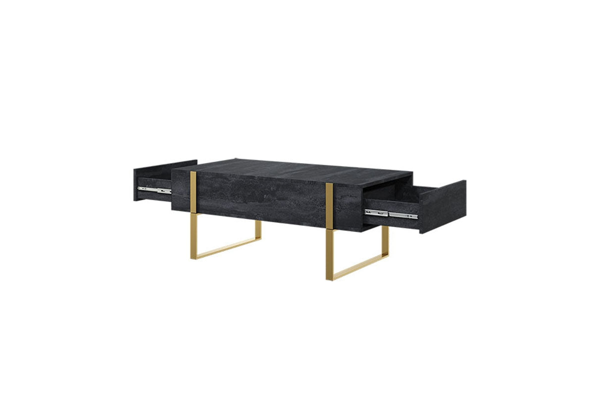 Stolik kawowy Verica z szufladami i metalowymi nogami 120 cm - czarny beton / złote nóżki