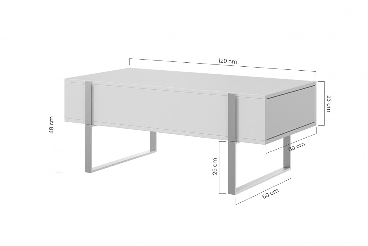 Stolik kawowy Verica z szufladami i metalowymi nogami 120 cm - dąb biszkoptowy / czarne nóżki