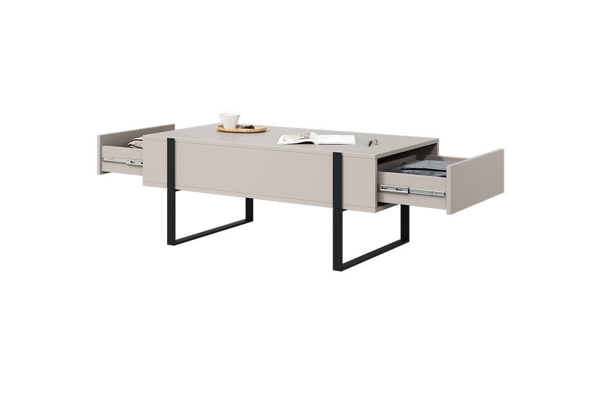 Stolik kawowy Verica z szufladami i metalowymi nogami 120 cm - kaszmir / czarne nóżki