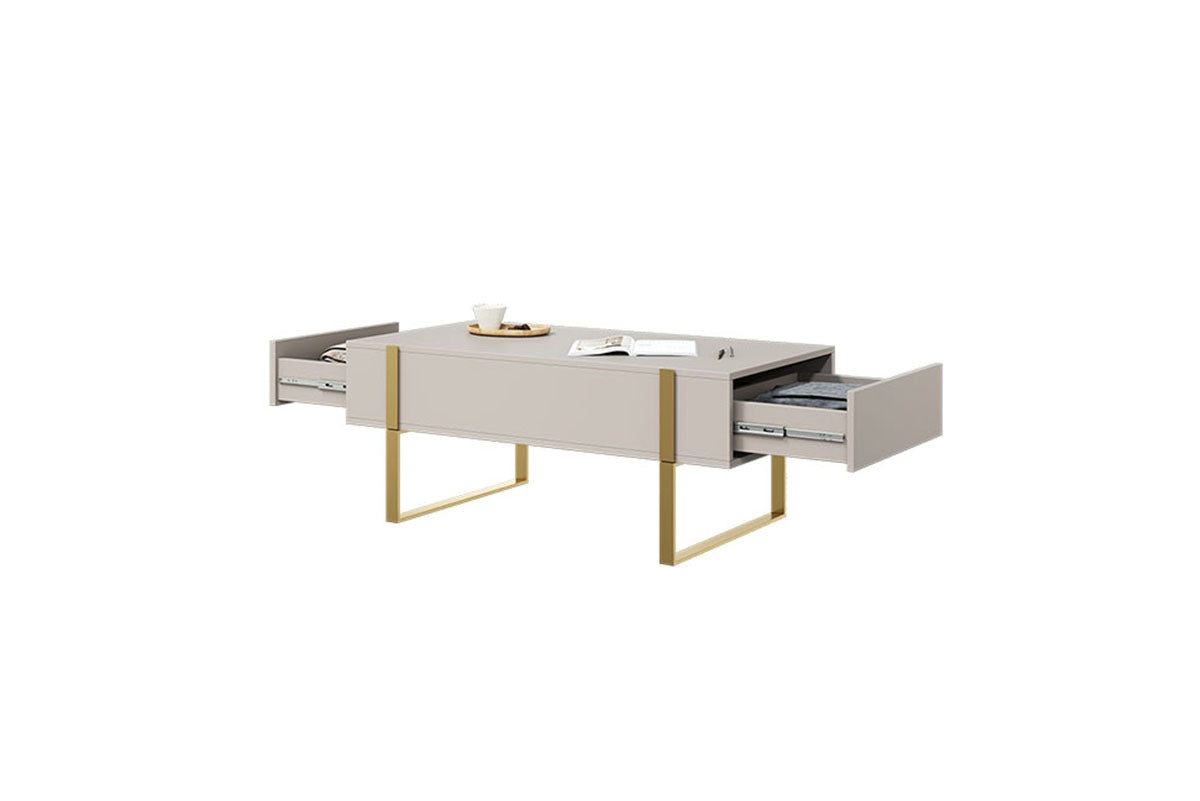 Stolik kawowy Verica z szufladami i metalowymi nogami 120 cm - kaszmir / złote nóżki