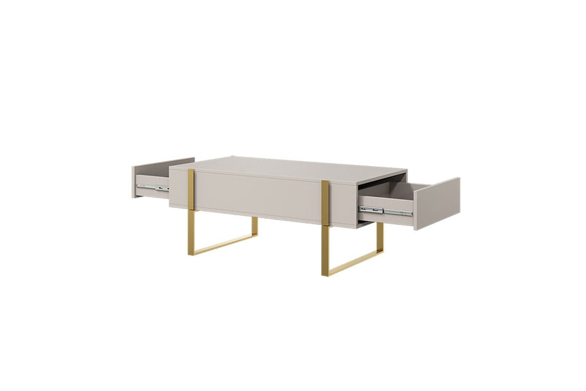 Stolik kawowy Verica z szufladami i metalowymi nogami 120 cm - kaszmir / złote nóżki