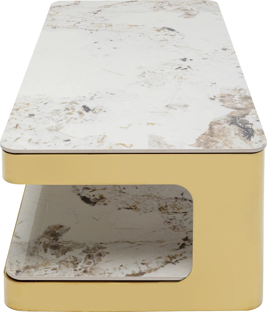 Nowoczesny biało-złoty prostokątny stolik kawowy z ceramicznym blatem 