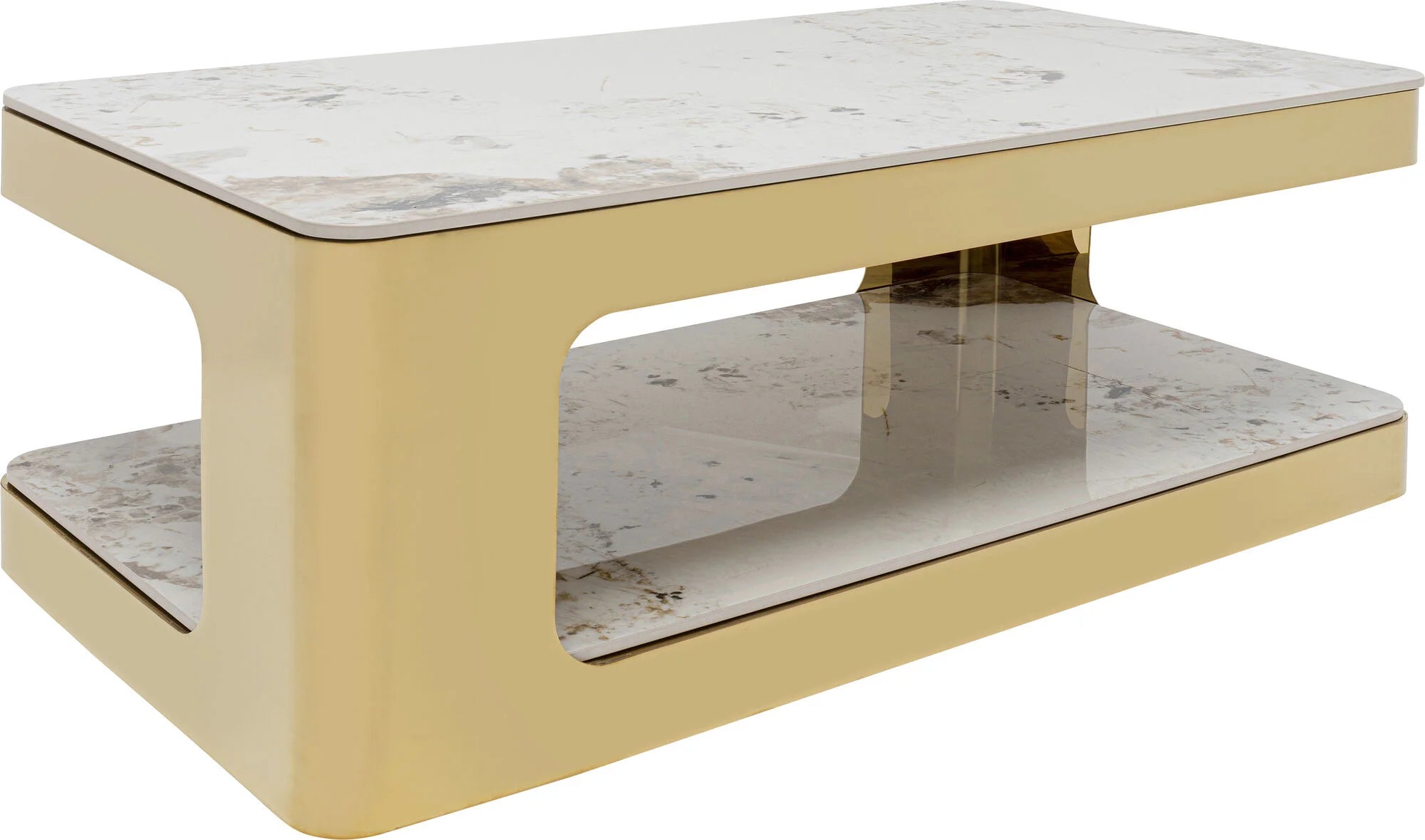 Nowoczesny biało-złoty prostokątny stolik kawowy z ceramicznym blatem 