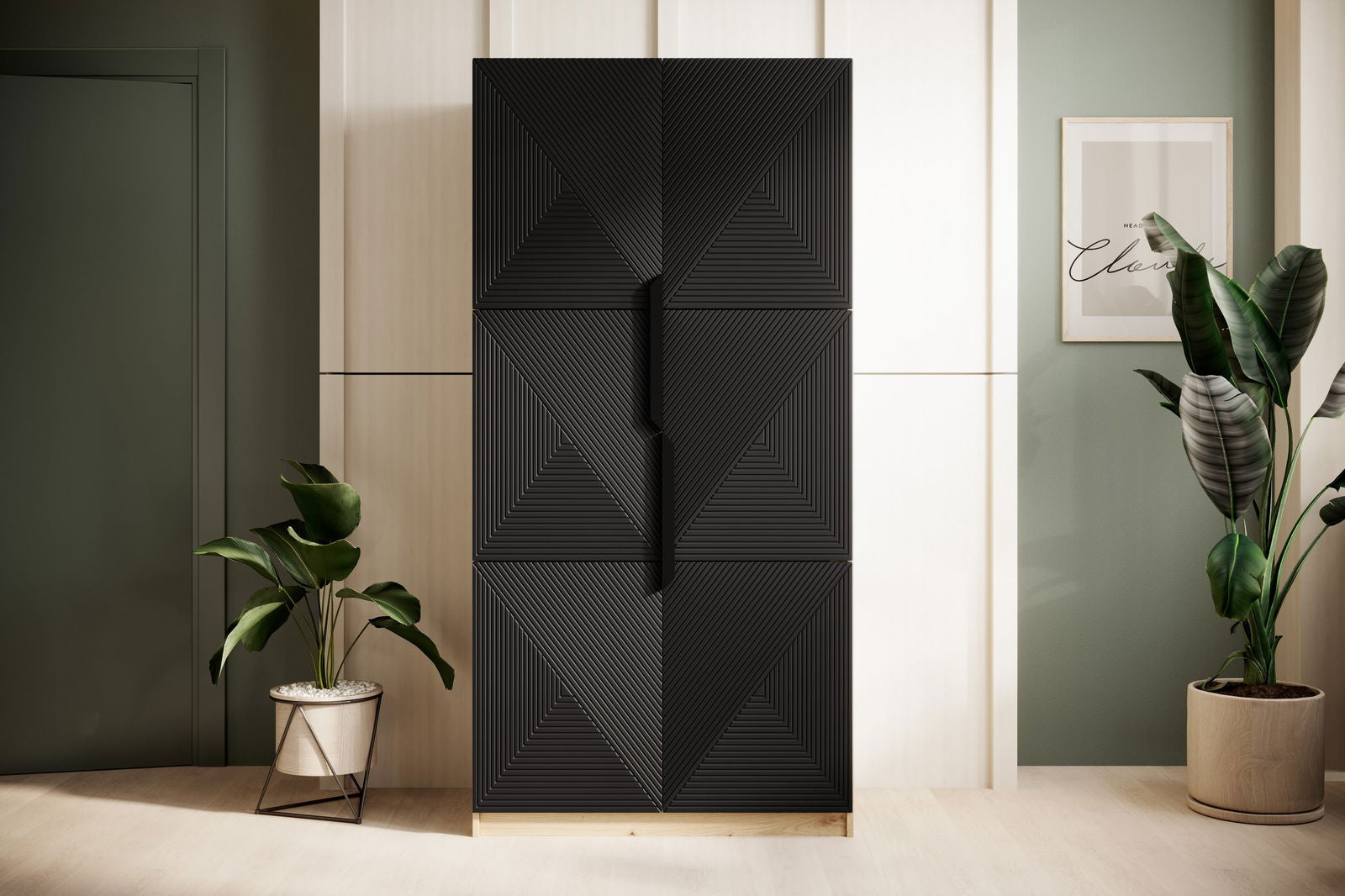 Szafa Asha z ryflowanym frontem i metalowymi uchwytami 100 cm - artisan / czarny mat / czarne uchwyty