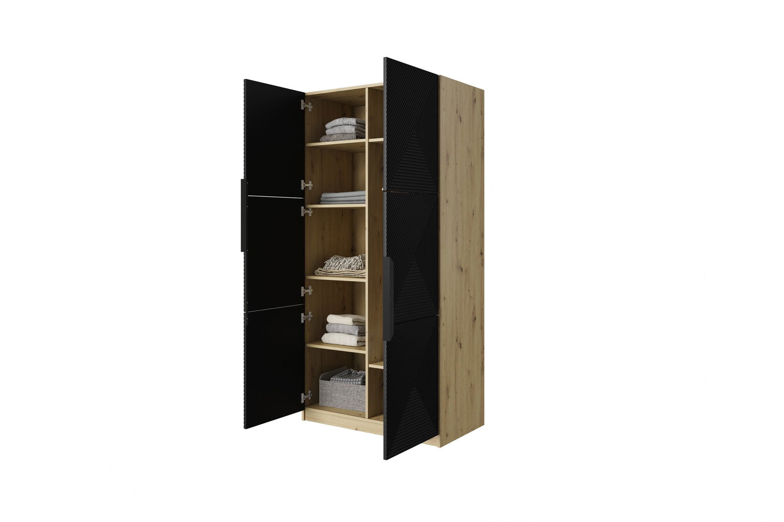 Szafa Asha z ryflowanym frontem i metalowymi uchwytami 100 cm - artisan / czarny mat / czarne uchwyty