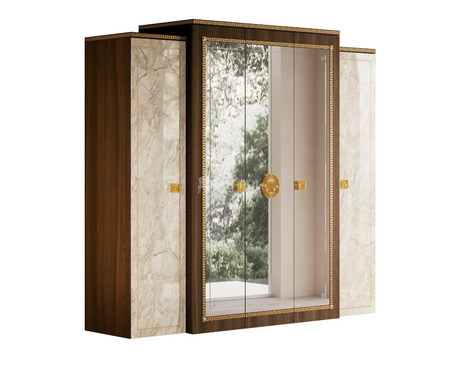 Włoska szafa Arredoclassic Romantica z marmuru Carrara i orzecha, z lustrem, szufladami i złotymi uchwytami