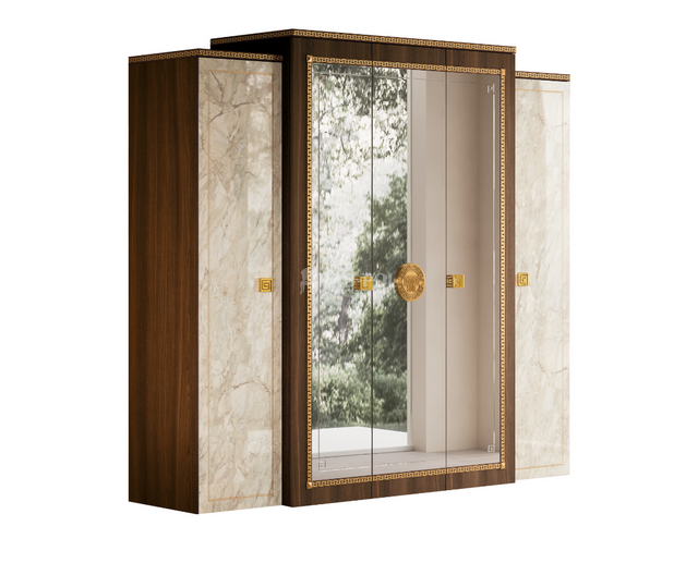 Włoska szafa Arredoclassic Romantica z marmuru Carrara i orzecha, z lustrem, szufladami i złotymi uchwytami