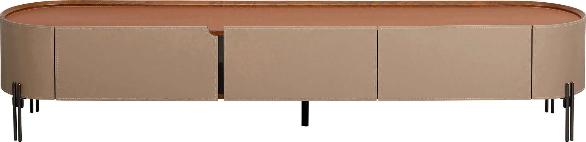 Szafka RTV Tango beżowa z ekoskóry, owalne boki, blat koniakowy, 3 szuflady, czarne stalowe nogi