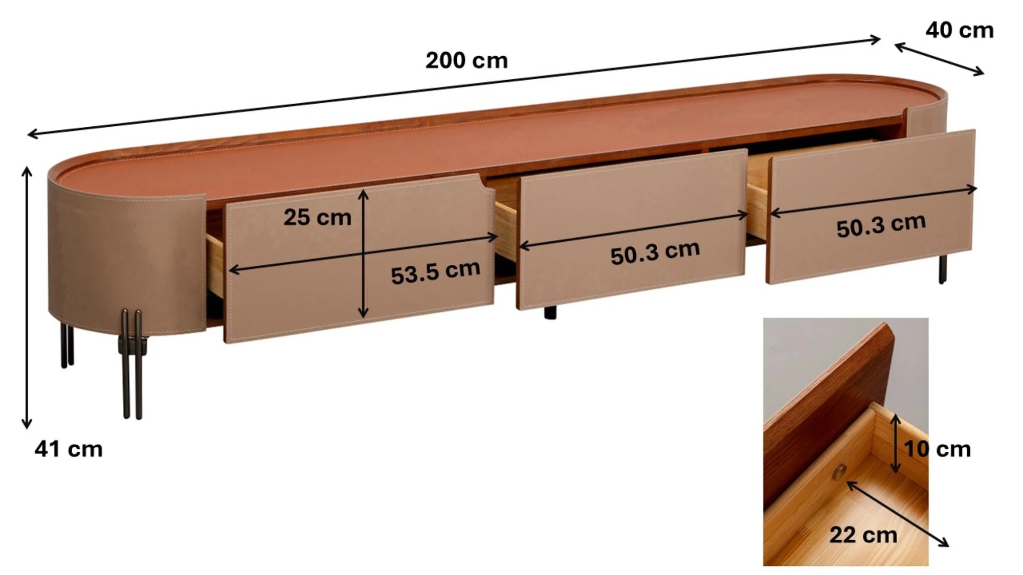 Szafka RTV Tango beżowa z ekoskóry, owalne boki, blat koniakowy, 3 szuflady, czarne stalowe nogi