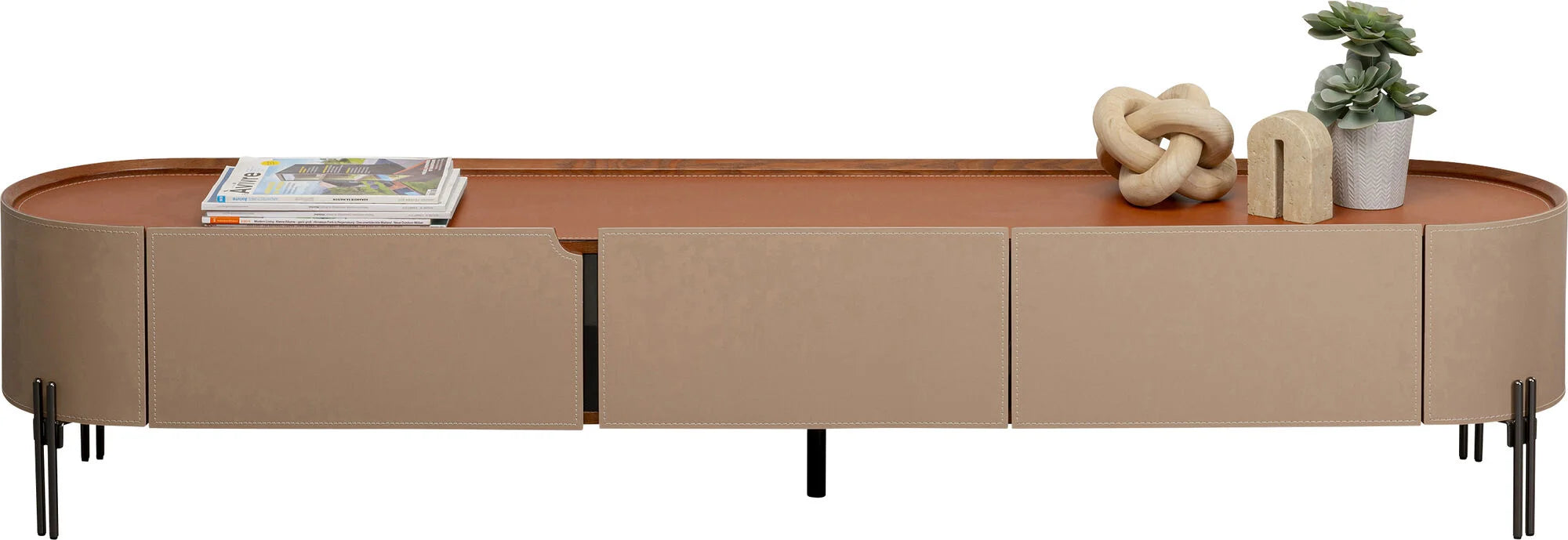 Szafka RTV Tango beżowa z ekoskóry, owalne boki, blat koniakowy, 3 szuflady, czarne stalowe nogi