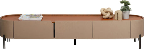 Szafka RTV Tango beżowa z ekoskóry, owalne boki, blat koniakowy, 3 szuflady, czarne stalowe nogi