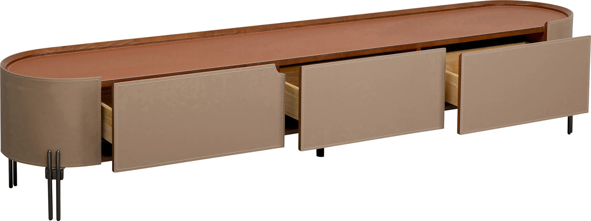 Szafka RTV Tango beżowa z ekoskóry, owalne boki, blat koniakowy, 3 szuflady, czarne stalowe nogi