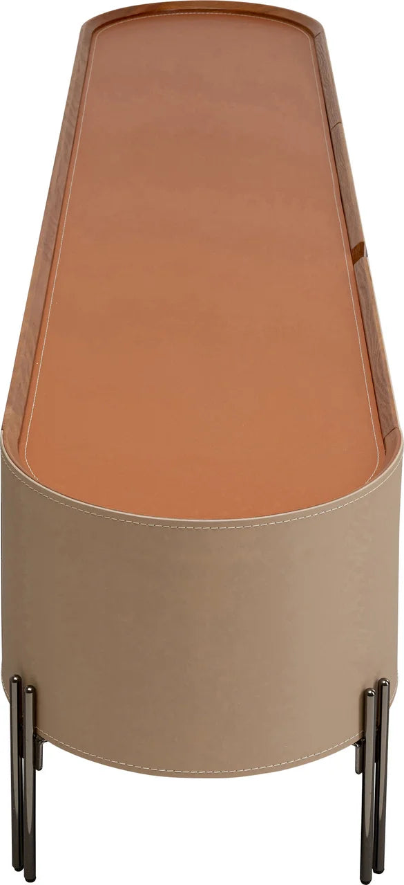 Szafka RTV Tango beżowa z ekoskóry, owalne boki, blat koniakowy, 3 szuflady, czarne stalowe nogi