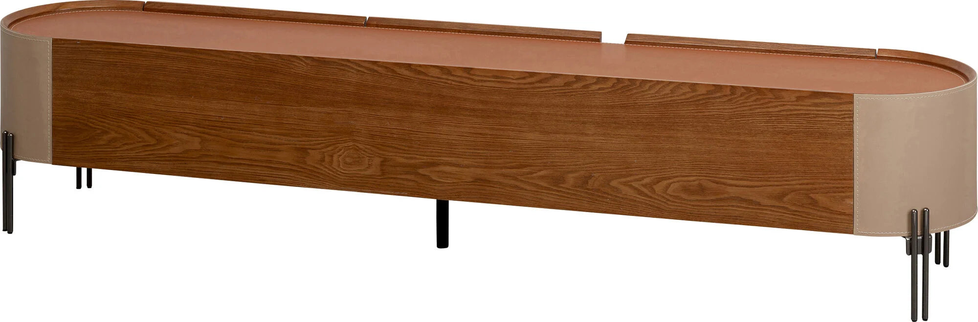 Szafka RTV Tango beżowa z ekoskóry, owalne boki, blat koniakowy, 3 szuflady, czarne stalowe nogi