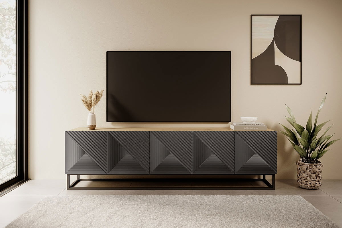 Szafka RTV Asha z ryflowanym frontem i metalowym stelażem 200 cm - artisan / rivier stone mat