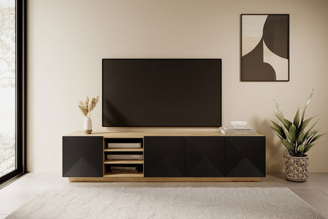Szafka RTV Asha z ryflowanym frontem i wnęką 200 cm - artisan / czarny mat