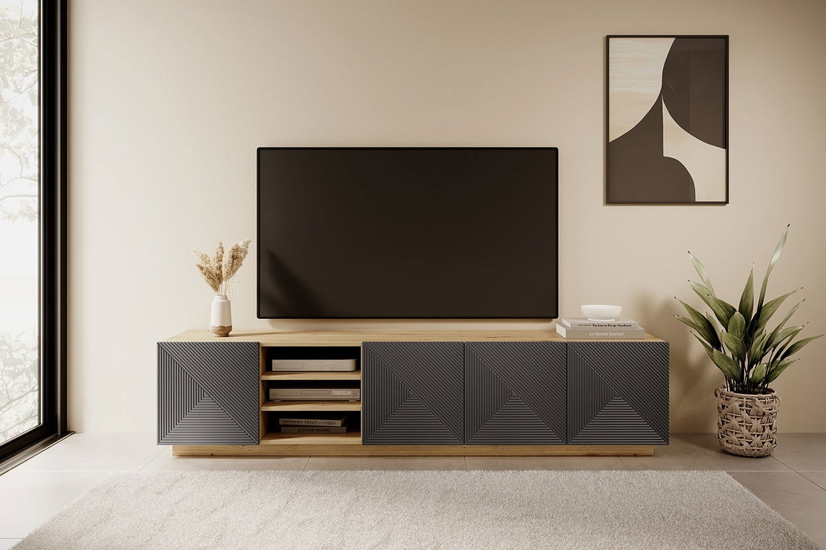 Szafka RTV Asha z ryflowanym frontem i wnęką 200 cm - artisan / rivier stone mat