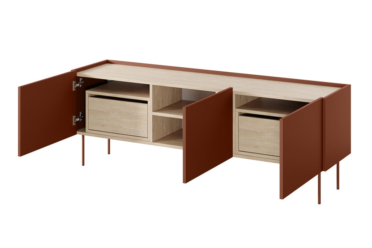 Szafka RTV Desin 170 cm z 2 ukrytymi szufladami - ceramic red / dąb nagano