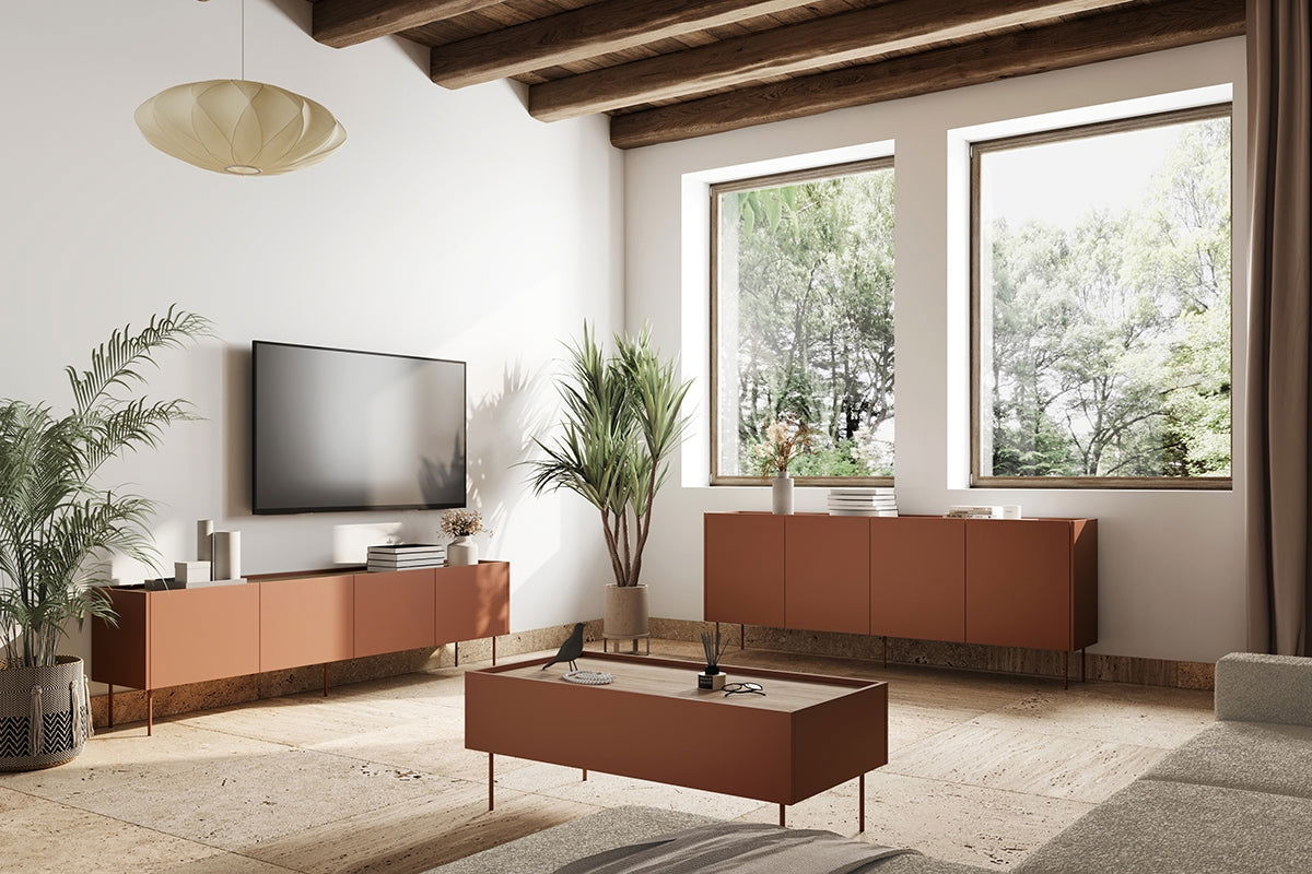 Szafka RTV Desin 220 cm z metalowymi nogami Desin - ceramic red / dąb nagano