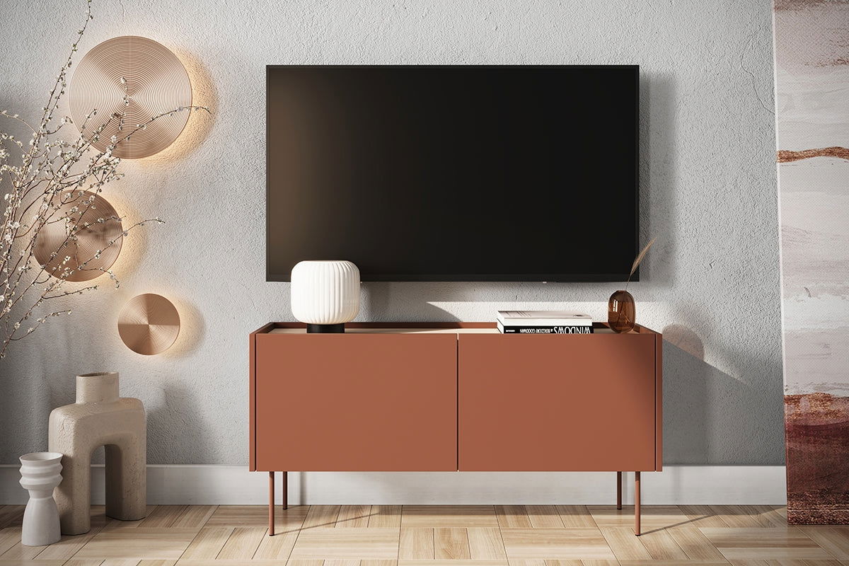 Szafka RTV Desin na metalowych nogach 120 cm - czerwony / ceramic red / dąb nagano