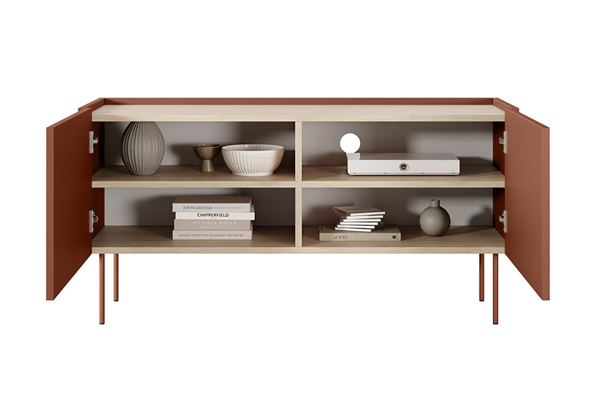 Szafka RTV Desin na metalowych nogach 120 cm - czerwony / ceramic red / dąb nagano