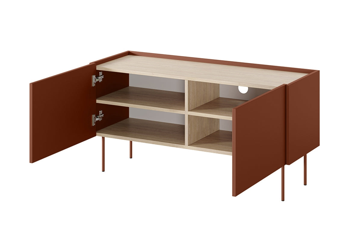 Szafka RTV Desin na metalowych nogach 120 cm - czerwony / ceramic red / dąb nagano
