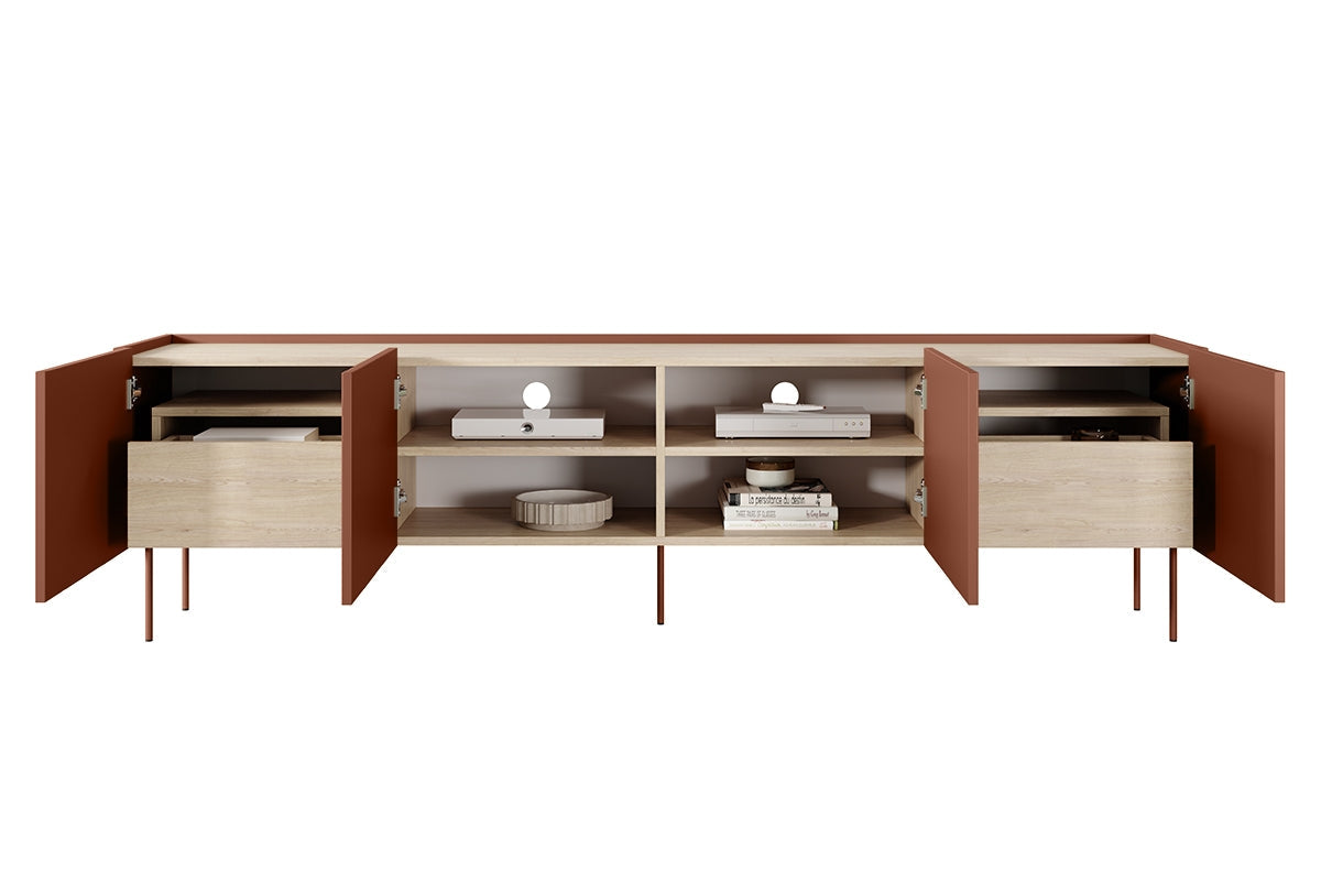Szafka RTV Desin z 2 ukrytymi szufladami 220 cm - czerwony / ceramic red / dąb nagano