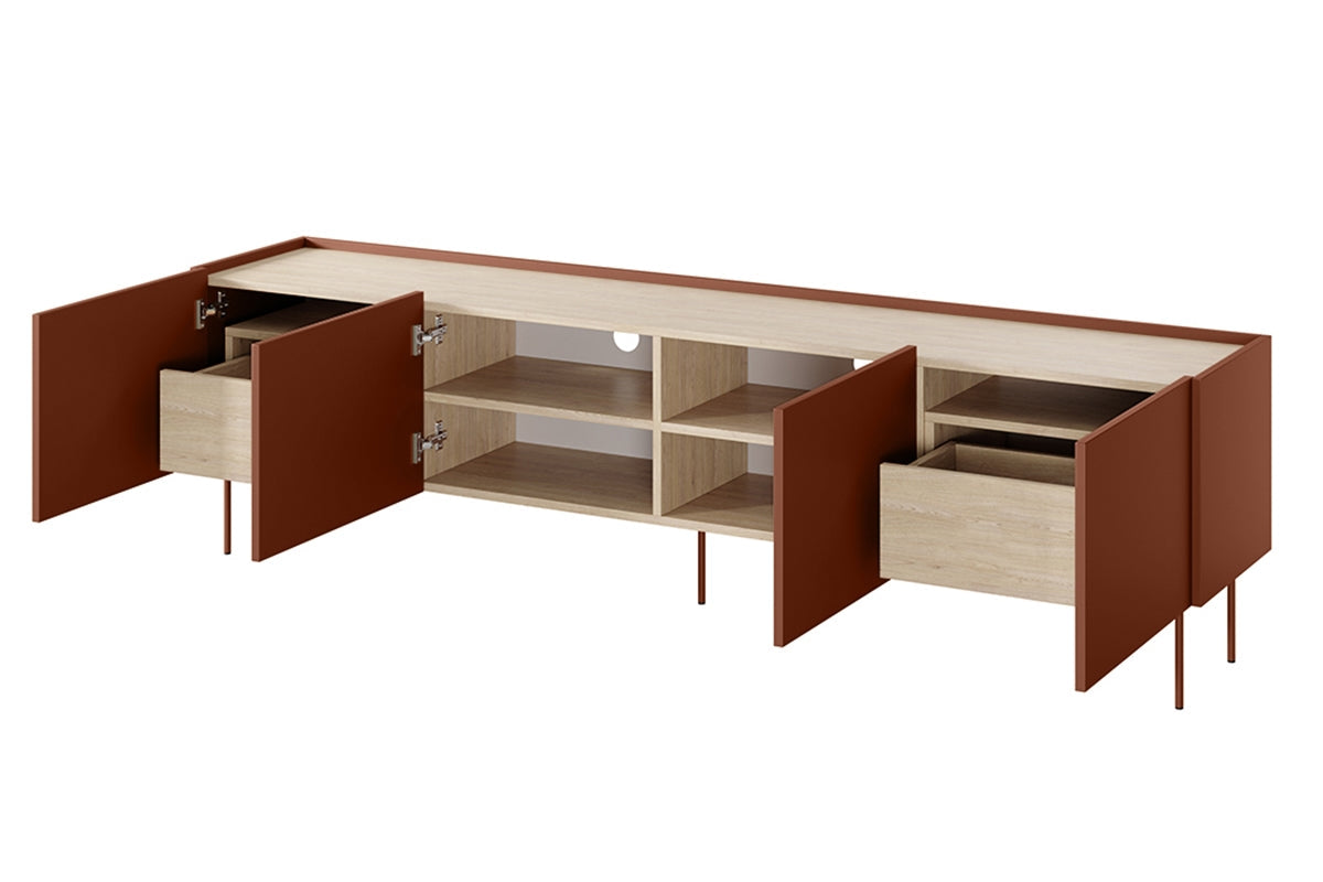 Szafka RTV Desin z 2 ukrytymi szufladami 220 cm - czerwony / ceramic red / dąb nagano