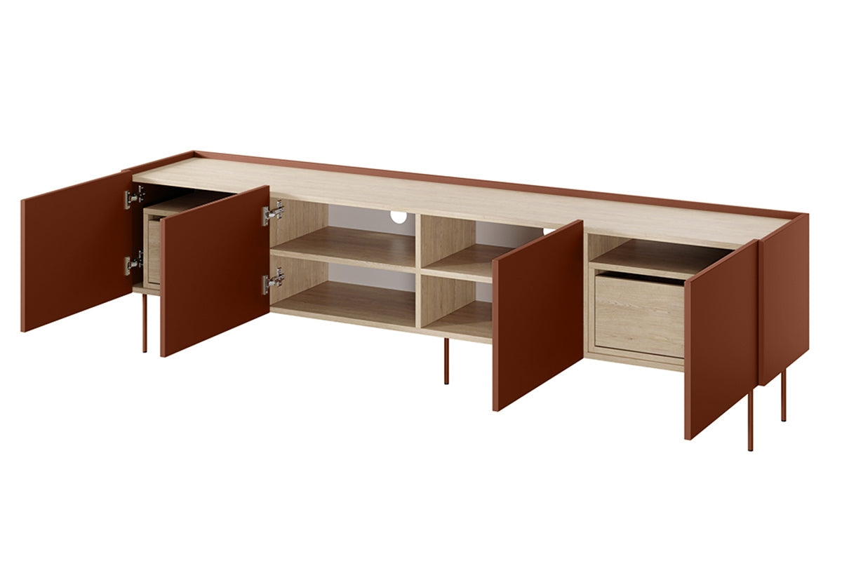 Szafka RTV Desin z 2 ukrytymi szufladami 220 cm - czerwony / ceramic red / dąb nagano